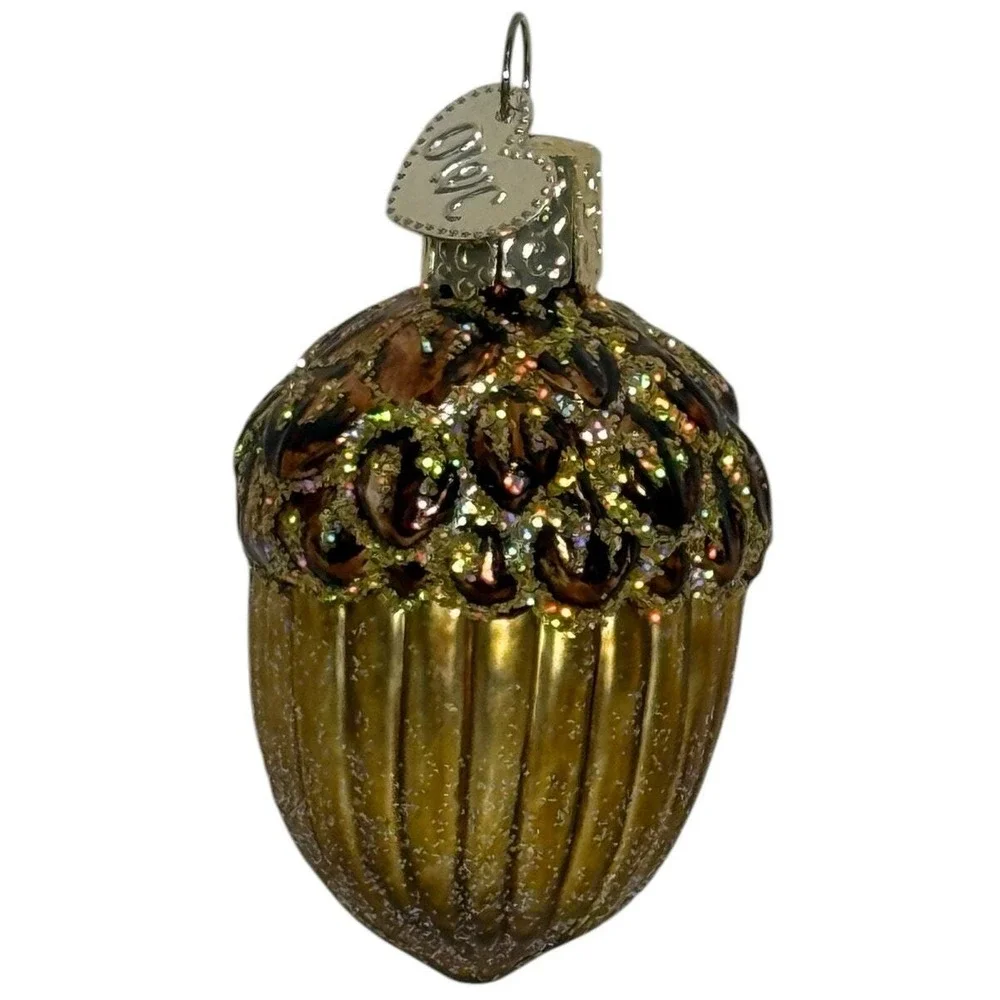 Old World‎ Christmas Glass Blown Acorn Ornament Glitter Woodland Decor 2.5